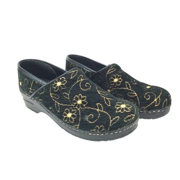 Sanita Women's Professional Black and Gold Tapestry Slip On Clog - Size 38 - Picture 1 of 8